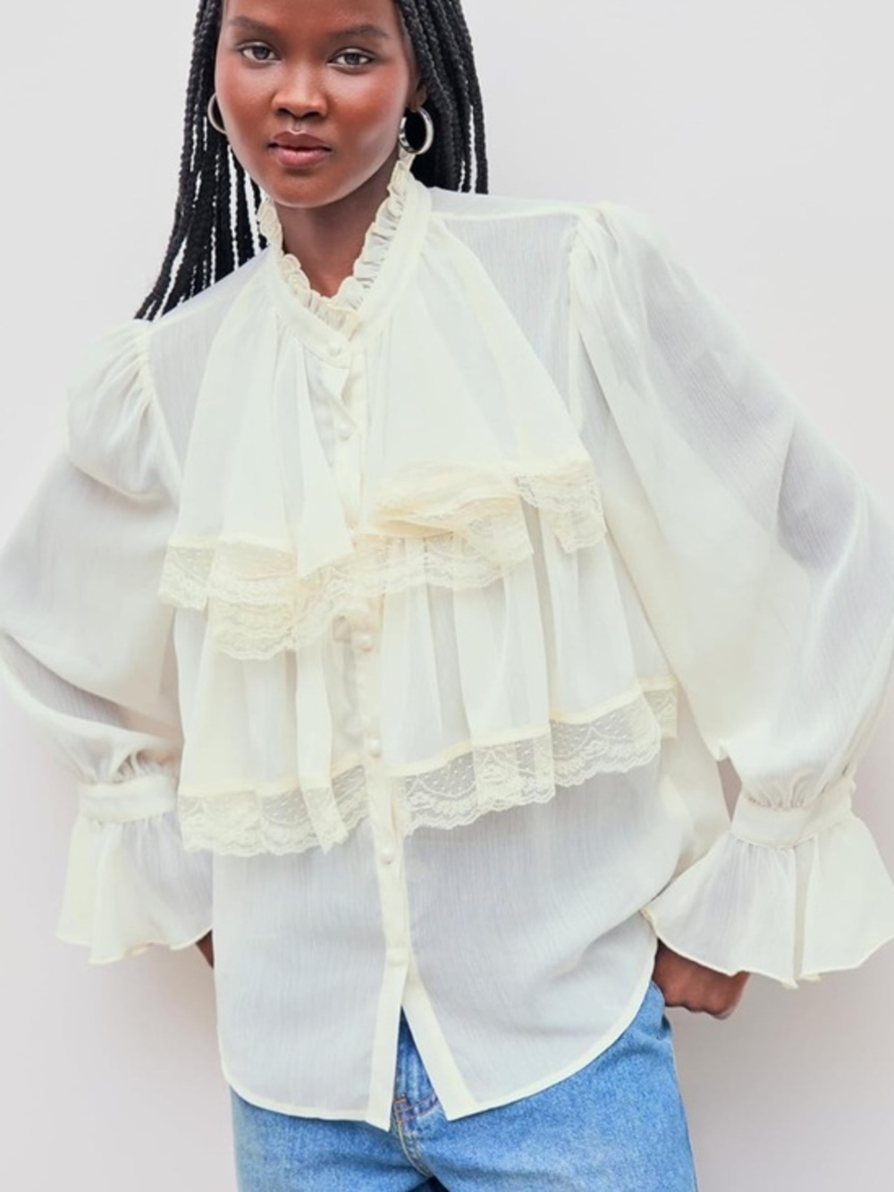NWT Cider Sheer Ruffled Lace-Trim Blouse - Cream